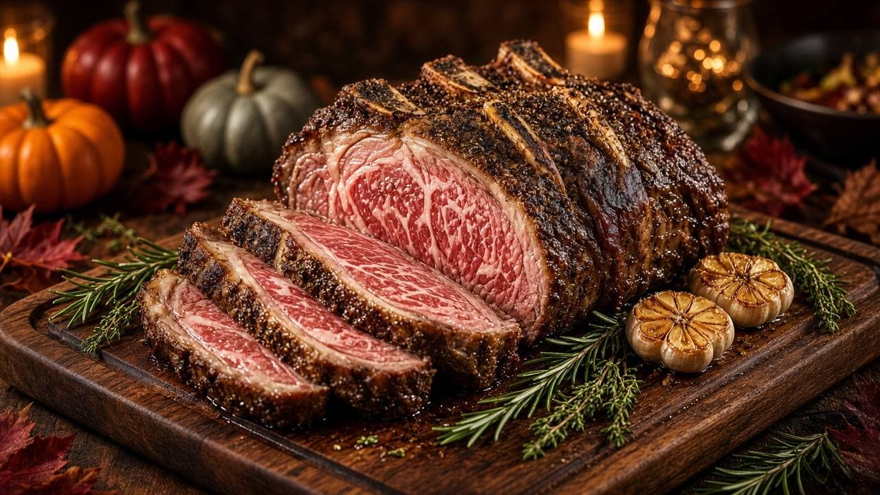 Carved bone-in prime rib with rosemary, garlic, and autumn squash